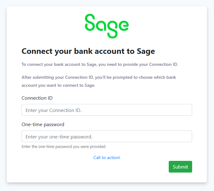 Default Codat authentication UI - Connect your bank account to Sage